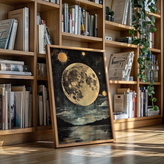 Golden Full Moon Over Water With Stars Mystical Celestial Art Poster
