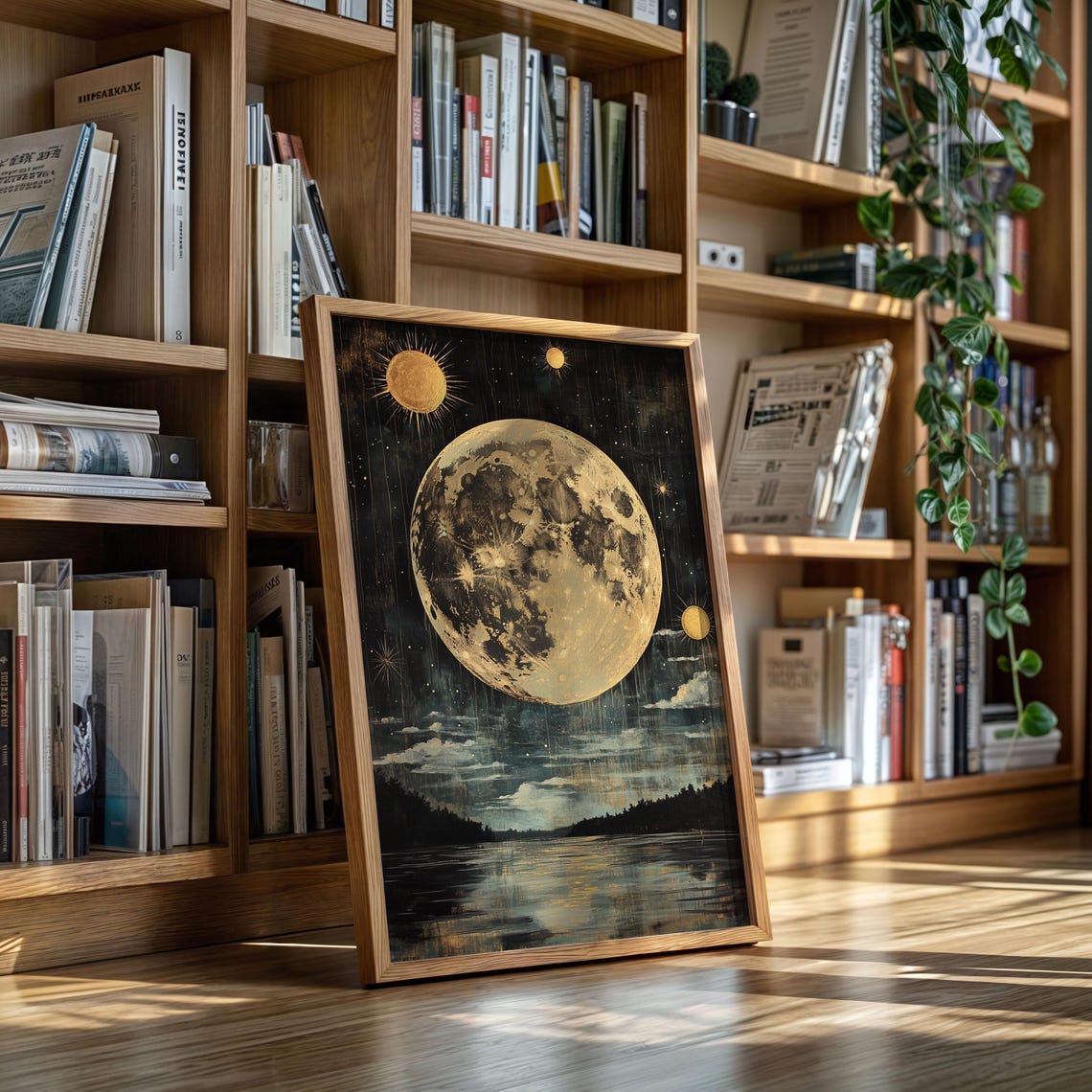 Golden Full Moon Over Water With Stars Mystical Celestial Art Poster