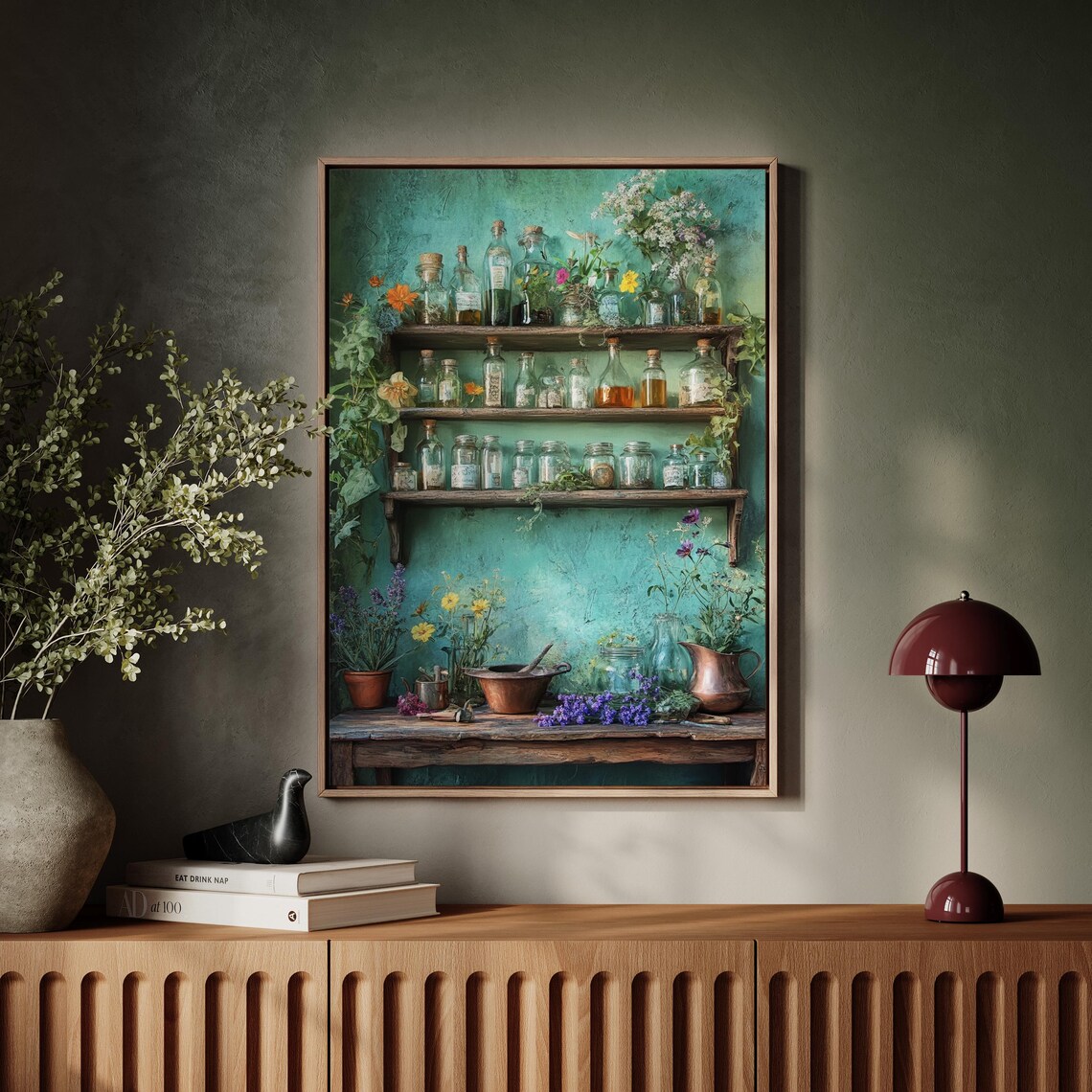 Rustic Apothecary Shelf With Herb Jars Wildflowers Teal Cottagecore Wall Poster - Image 4