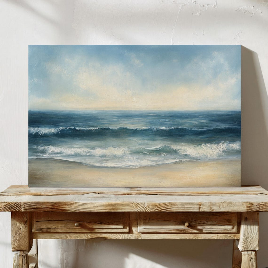 Soft Beach Waves Golden Sand Bright Coastal Seascape Painting Print - Image 5