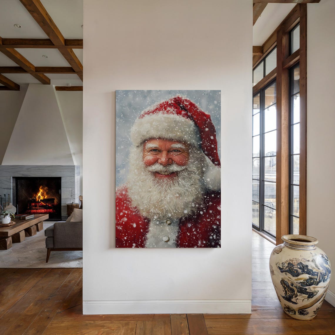 Rustic Santa Claus Portrait Smiling In Falling Snow Vintage Poster - Image 3