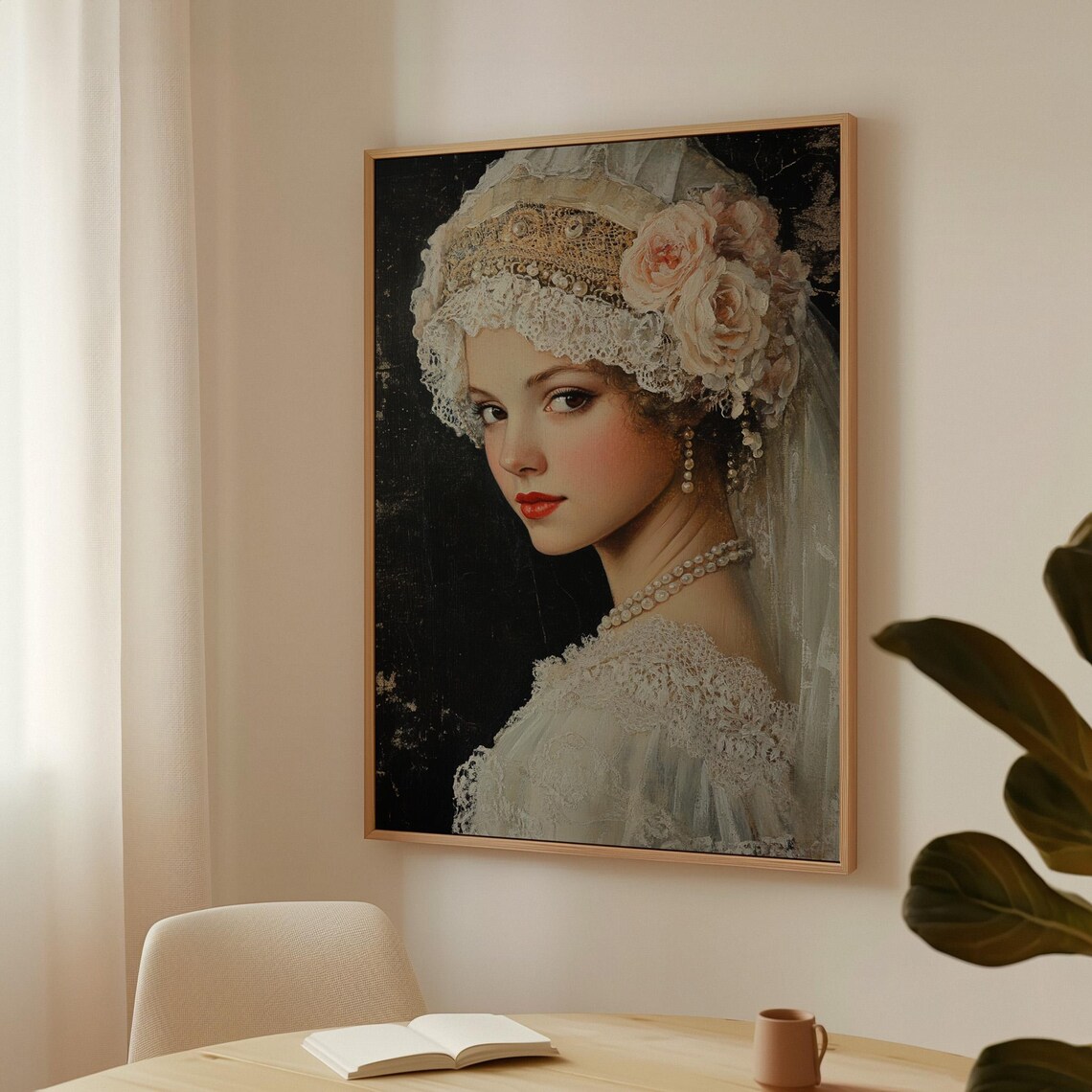 Victorian Lady in Lace Veil with Roses Romantic Oil Portrait Print - Image 3