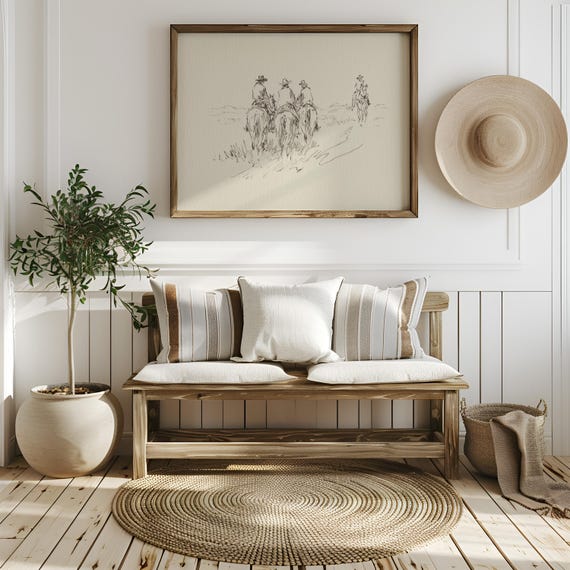 Cowboys Riding In Group Western Pencil Sketch