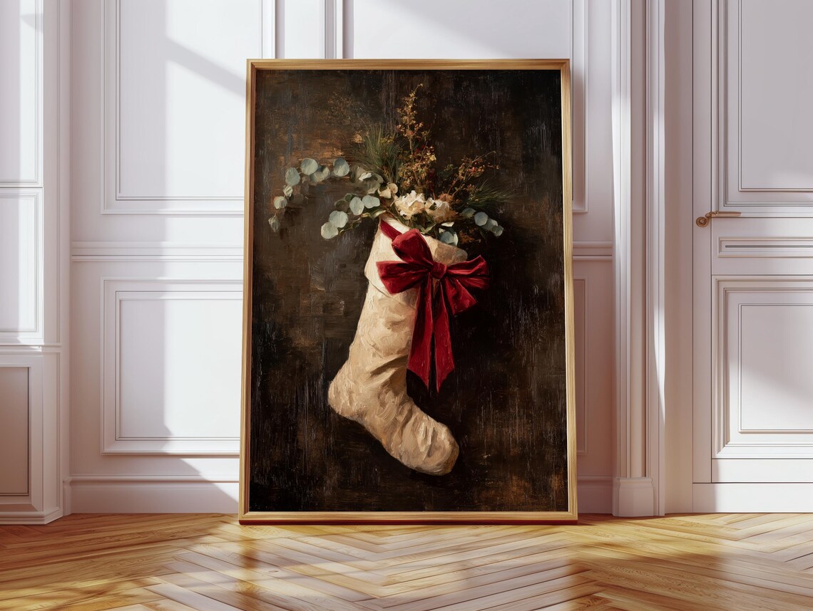 Vintage Christmas Stocking, Holiday Art Print
