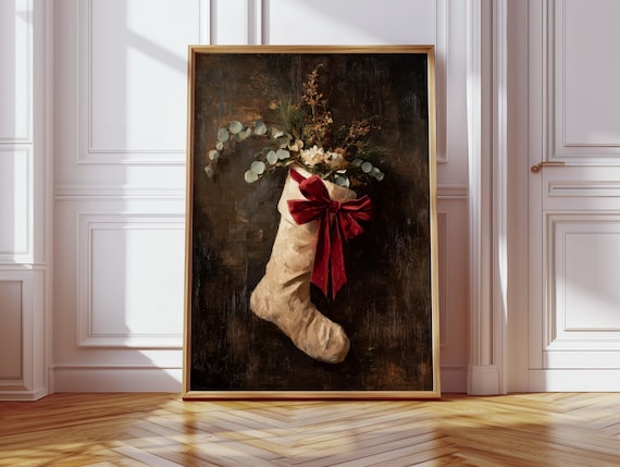 Vintage Christmas Stocking, Holiday Art Print