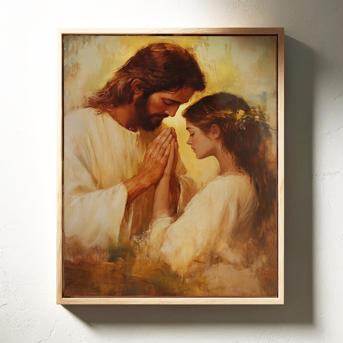 Jesus Praying With Woman in Golden Light Christian Devotion Art Print