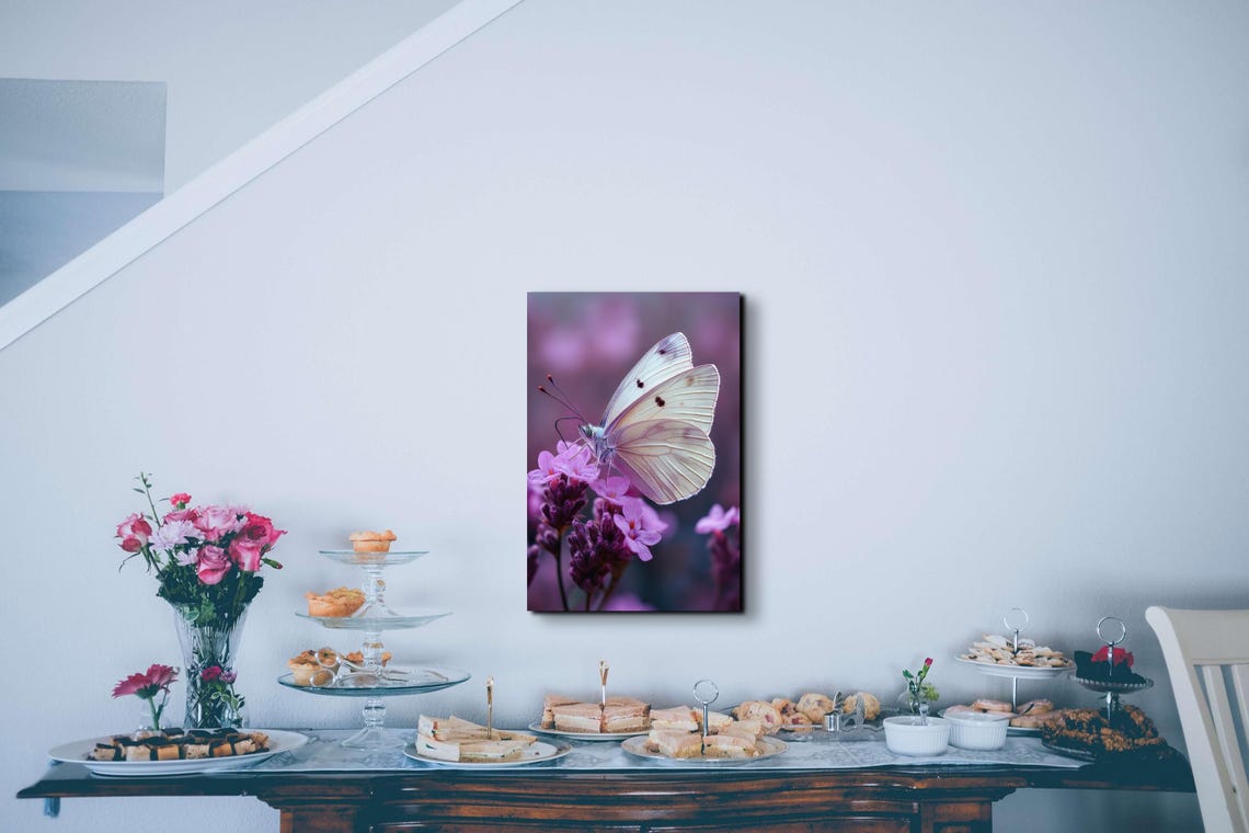 White Butterfly Resting on Purple Flowers Macro Photography Poster - Image 7