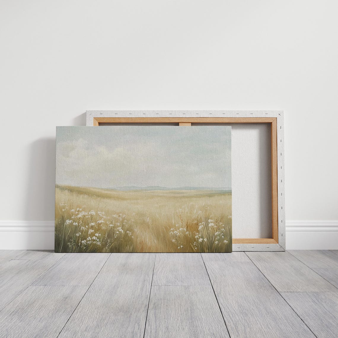 Serene Golden Meadow Of White Wildflowers Under Soft Hazy Sky Poster - Image 3