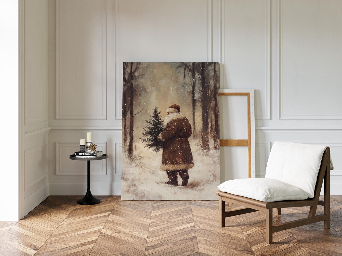 Vintage Santa Claus, Rustic Christmas Scene - Image 4