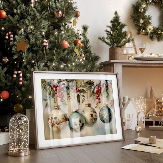 Vintage Floral Christmas Baubles with Berries Holiday Ornaments Poster