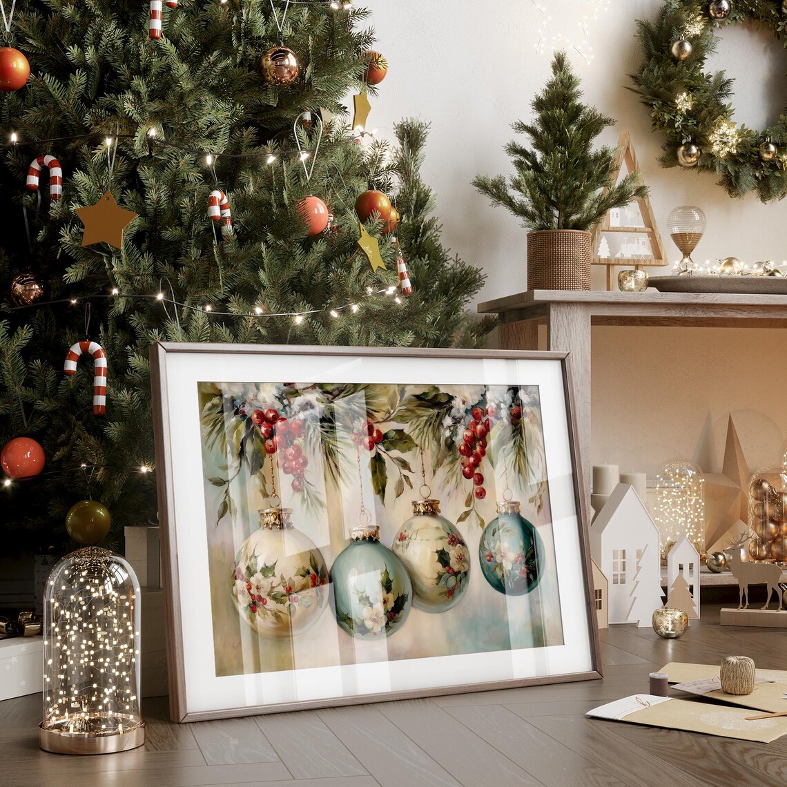 Vintage Floral Christmas Baubles with Berries Holiday Ornaments Poster