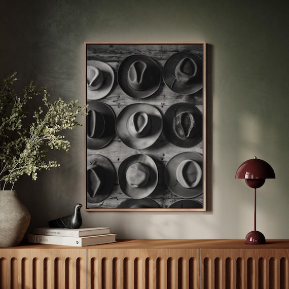 Cowboy Hats Grid Poster Black White Vintage Hats Rustic Wood Decor