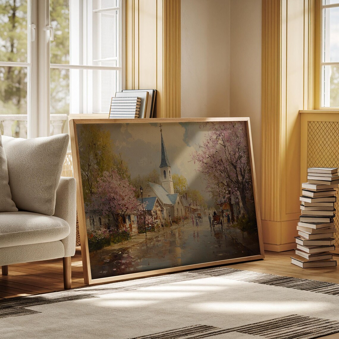 Charming Village Church Horse-Drawn Carriage Springtime Scene