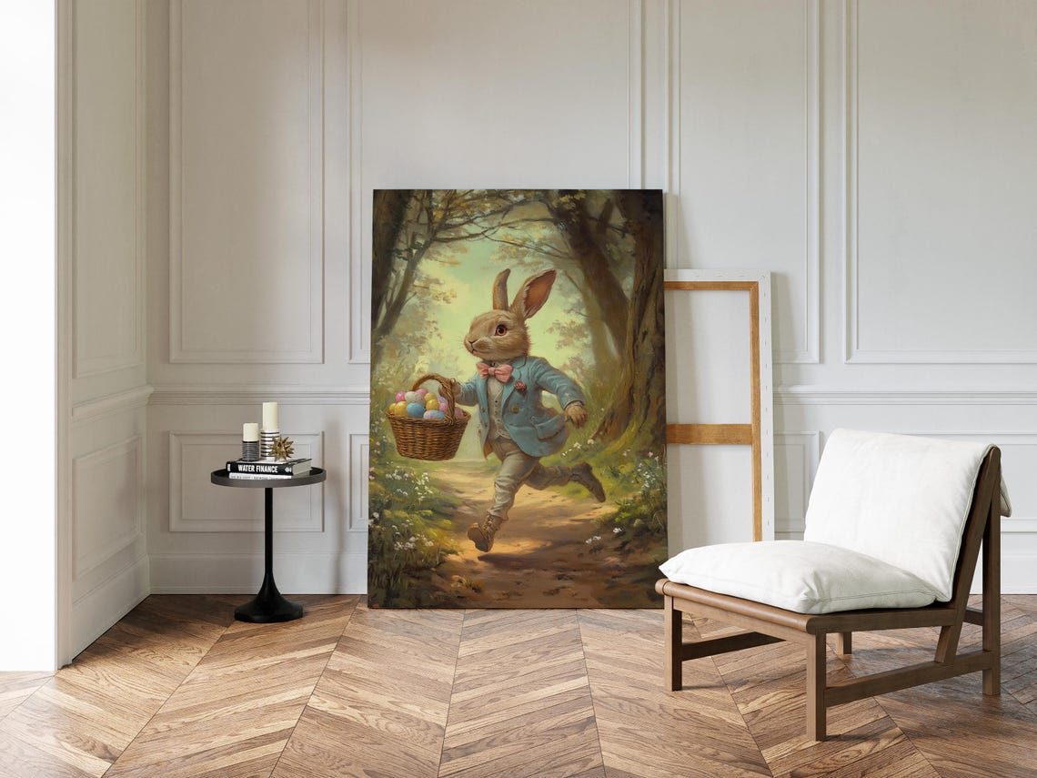 Dapper Rabbit in Blue Suit Carrying Easter Egg Basket on Trail Poster - Image 4