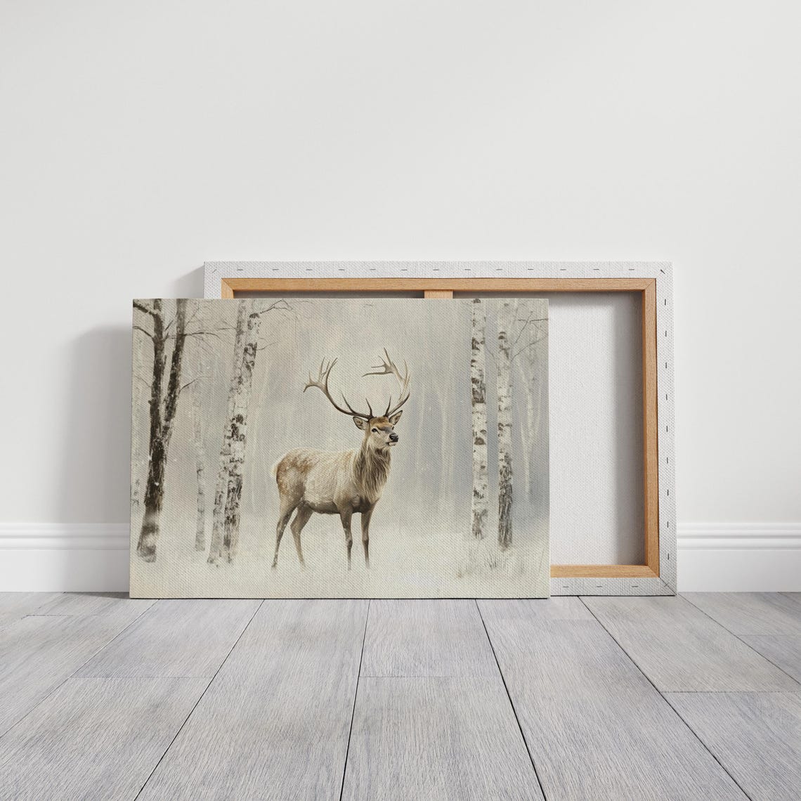 Majestic Stag Facing Forward In Snowy Birch Forest Warm Winter Poster - Image 3