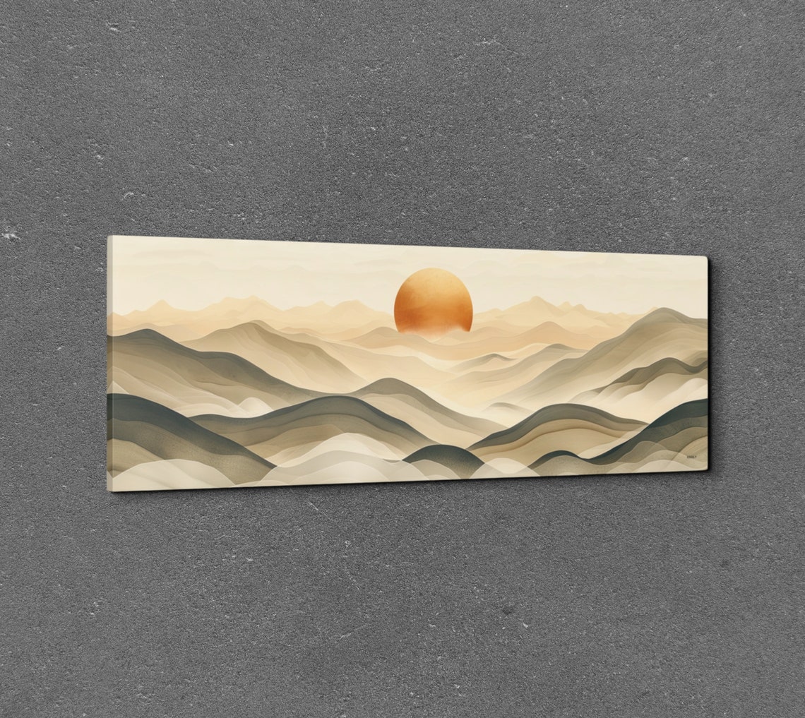 Boho Sunrise Layered Mountain Waves Neutral Minimal Panoramic Wall Art - Image 3