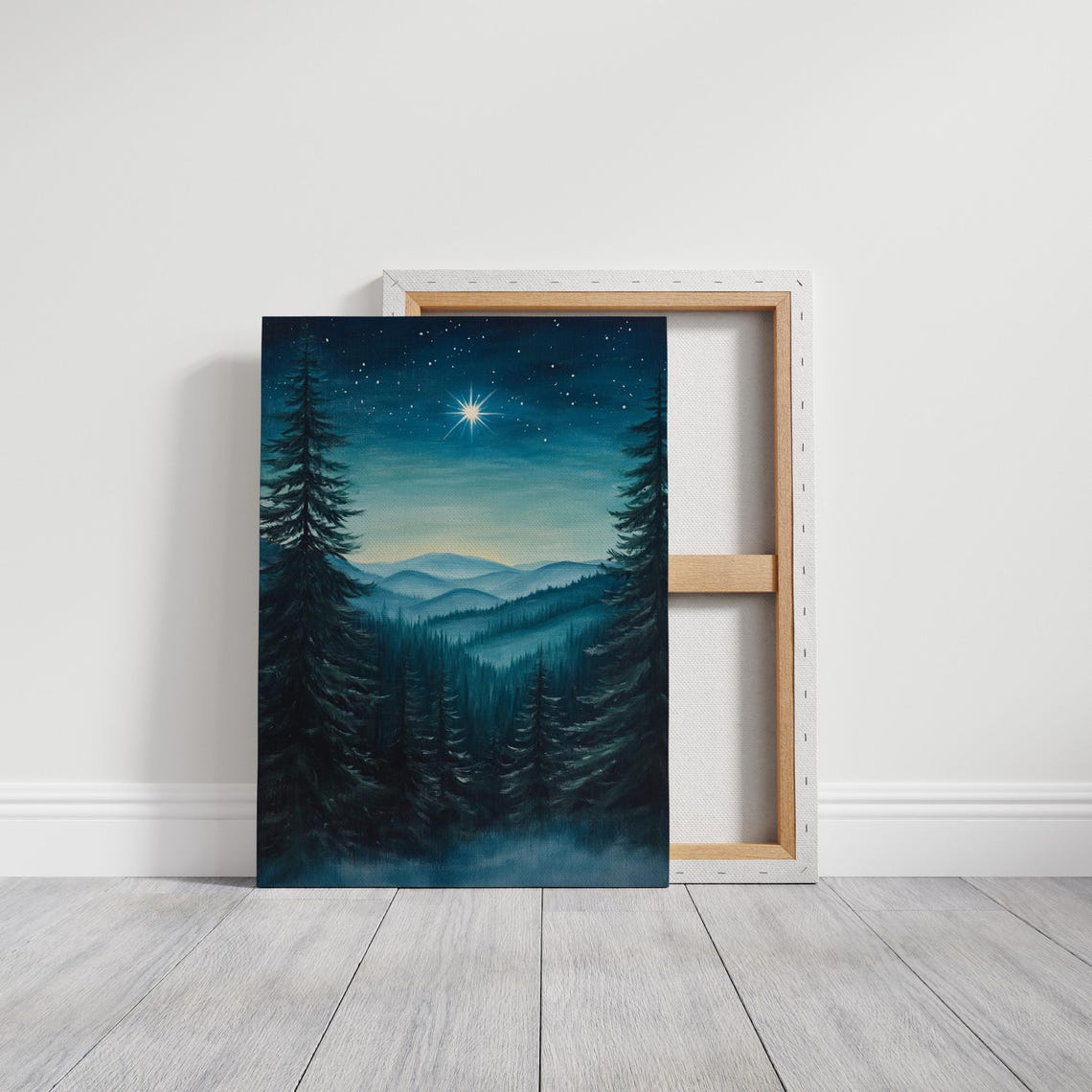 Silent Night Christmas Star Over Dark Pine Forest Mountain Poster - Image 3
