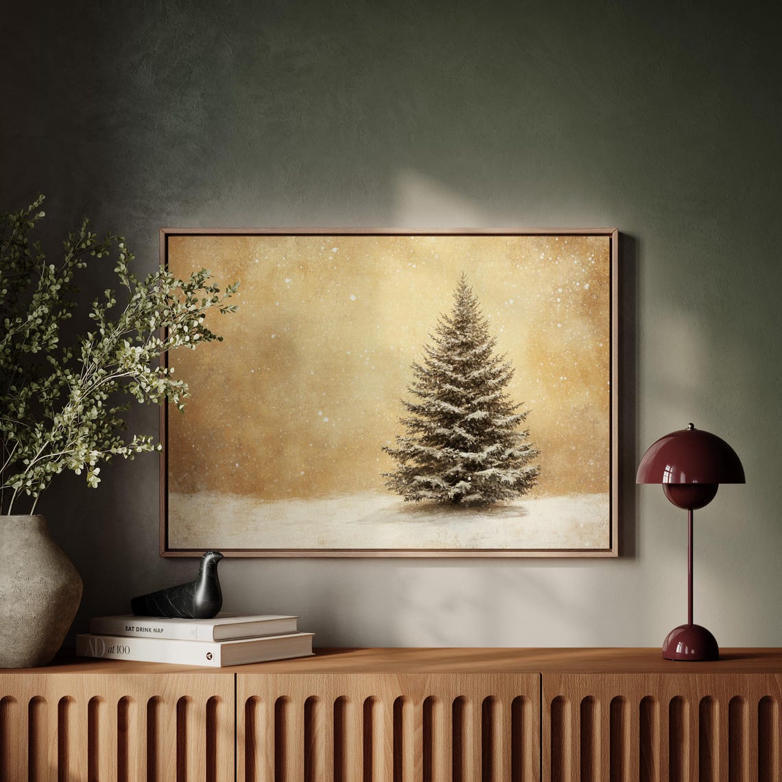 Snowy Pine Tree in Golden Snowfall Winter Christmas Wall Poster - Image 6