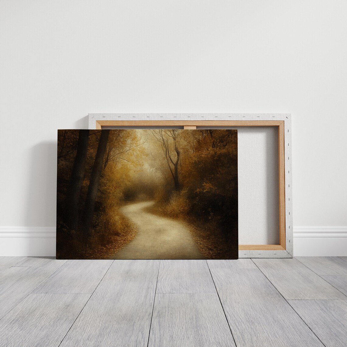 Misty Golden Forest Path Moody Autumn Landscape Painting Wall Art - Image 6