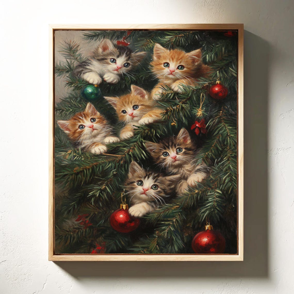 Five Kittens Peeking Christmas Tree Ornaments Vintage Holiday Poster - Image 7