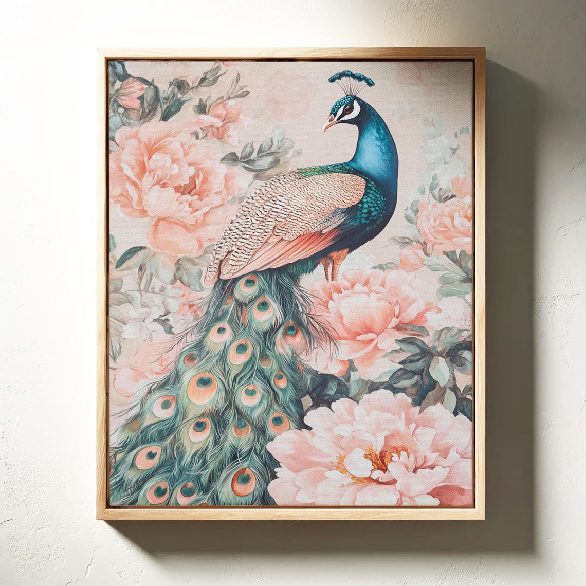Elegant Peacock Pink Peonies Vibrant Floral Standing Bird Wall Art - Image 3