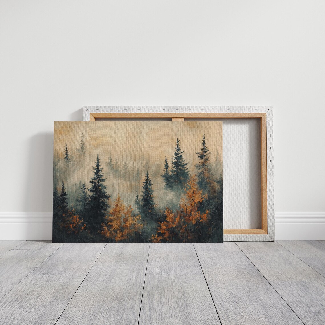 Misty Autumn Forest Golden Orange Foliage And Foggy Evergreens Wall Art - Image 3
