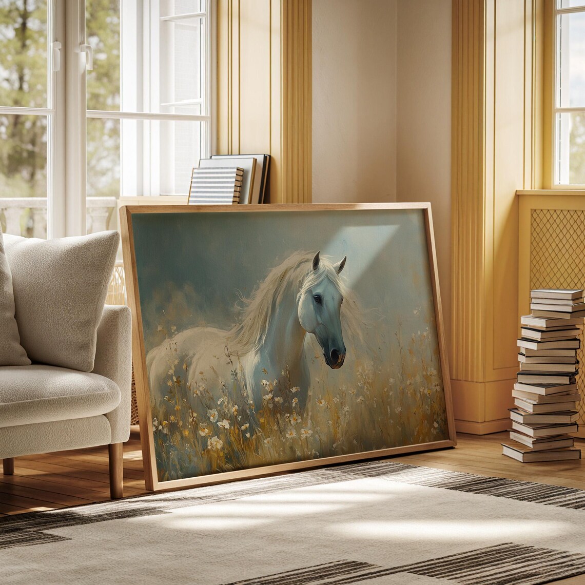 Elegant White Horse In Wildflower Meadow Art Print - Image 5