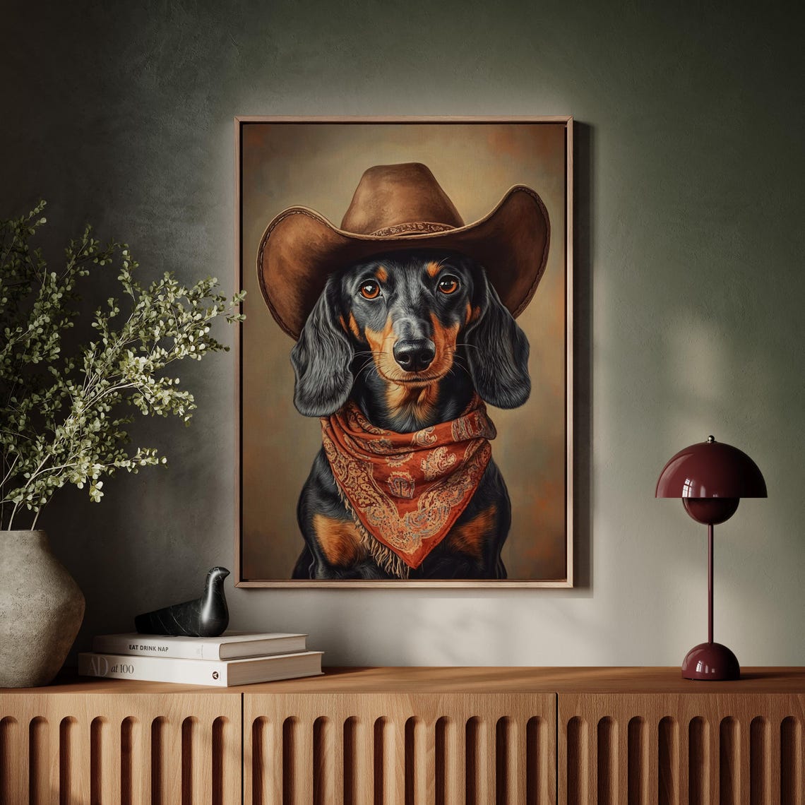 Long Haired Dachshund Cowboy Rustic Western Dog Portrait Poster