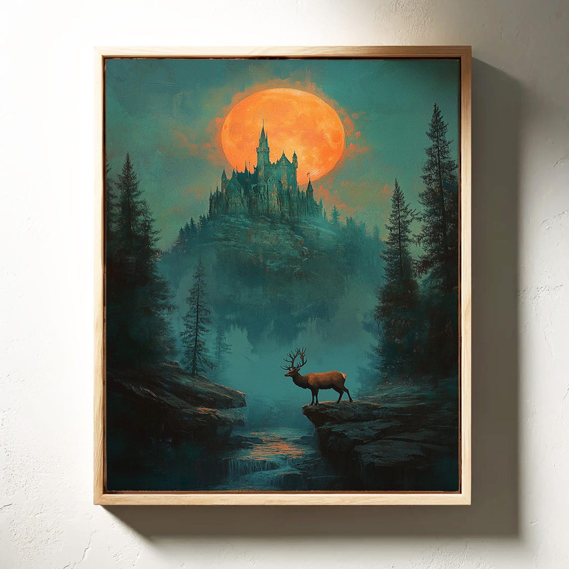 Moonlit Castle On Misty Cliff With Elk Epic Fantasy Night Poster - Image 5