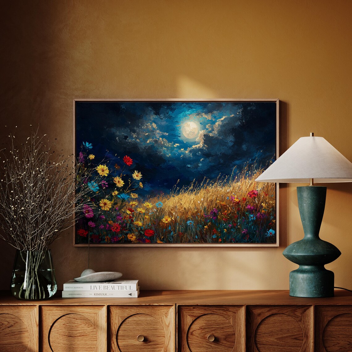 Moonlit Wildflower Meadow Night Sky Full Moon Colorful Oil Poster - Image 4
