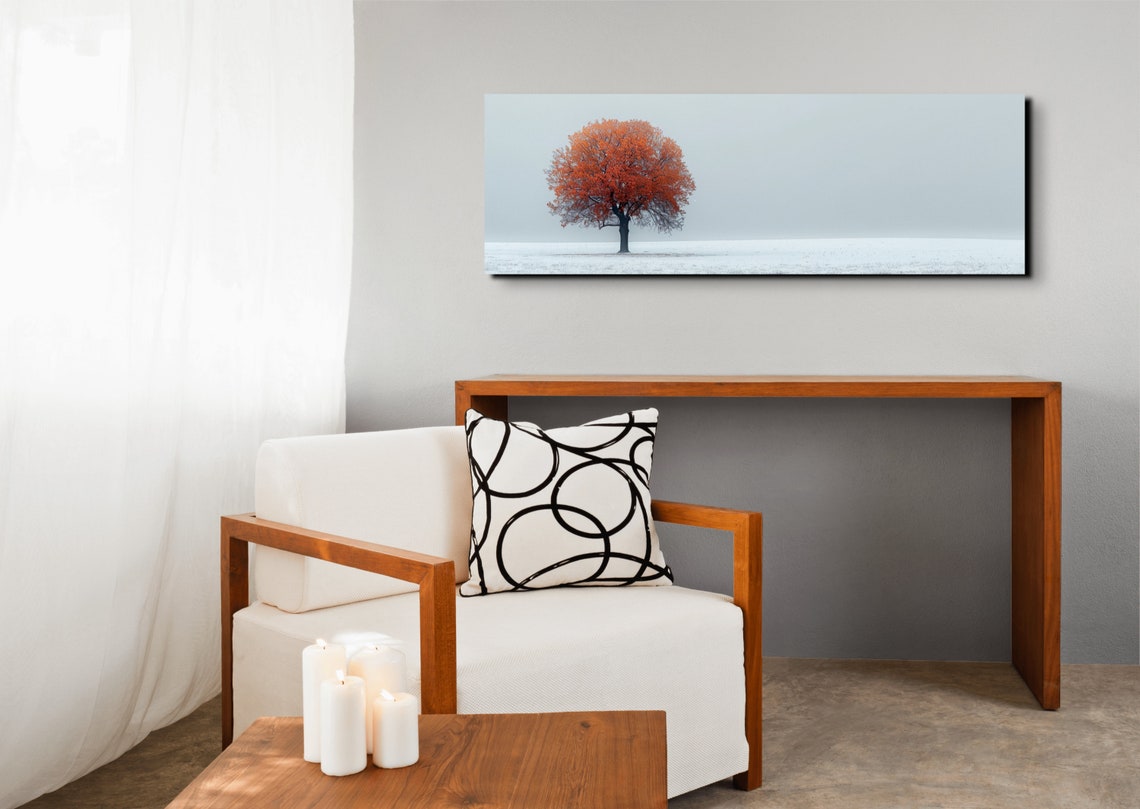 Single Orange Autumn Tree In Snow Covered Field Nature Poster - Image 5