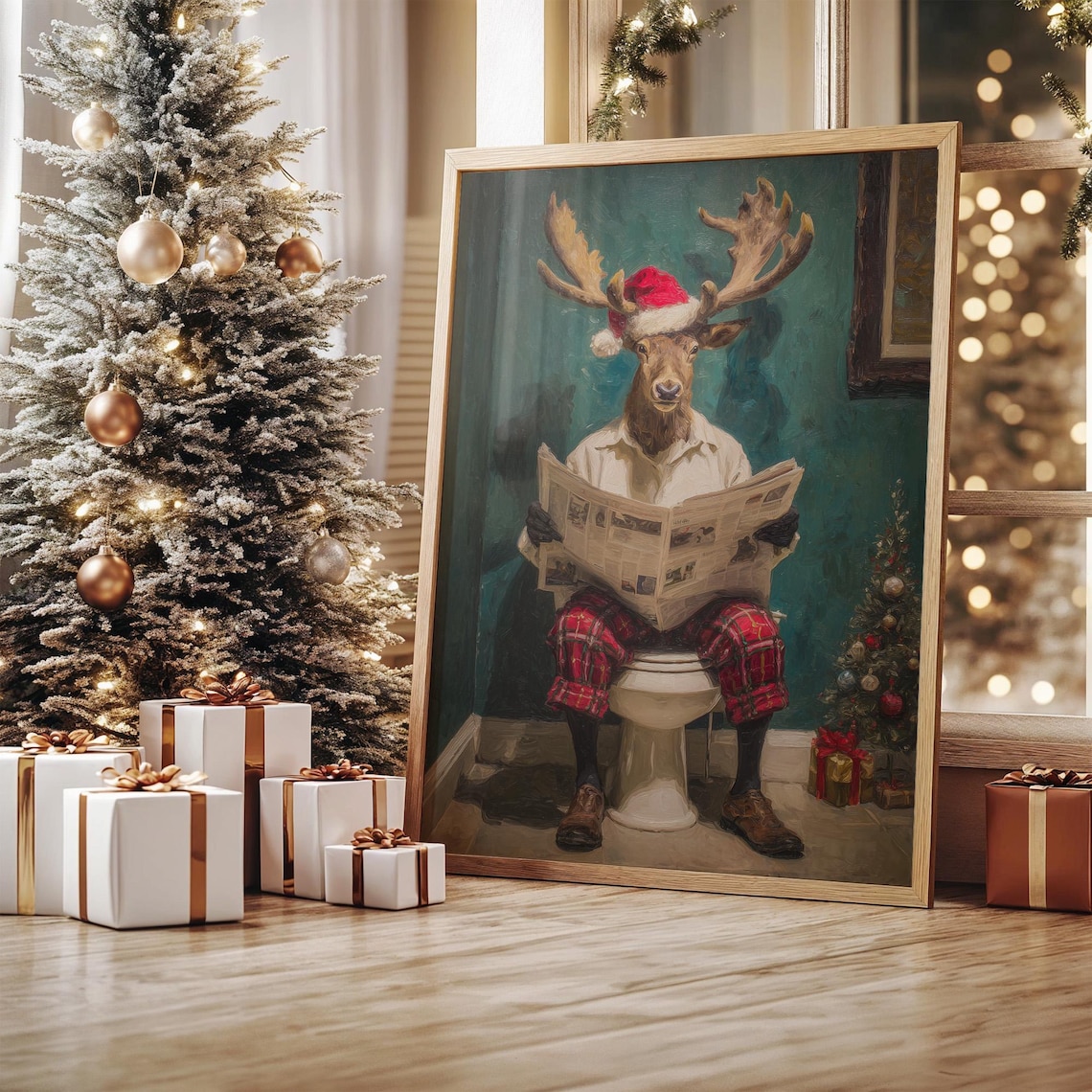 Funny Christmas Reindeer Bathroom Art Print