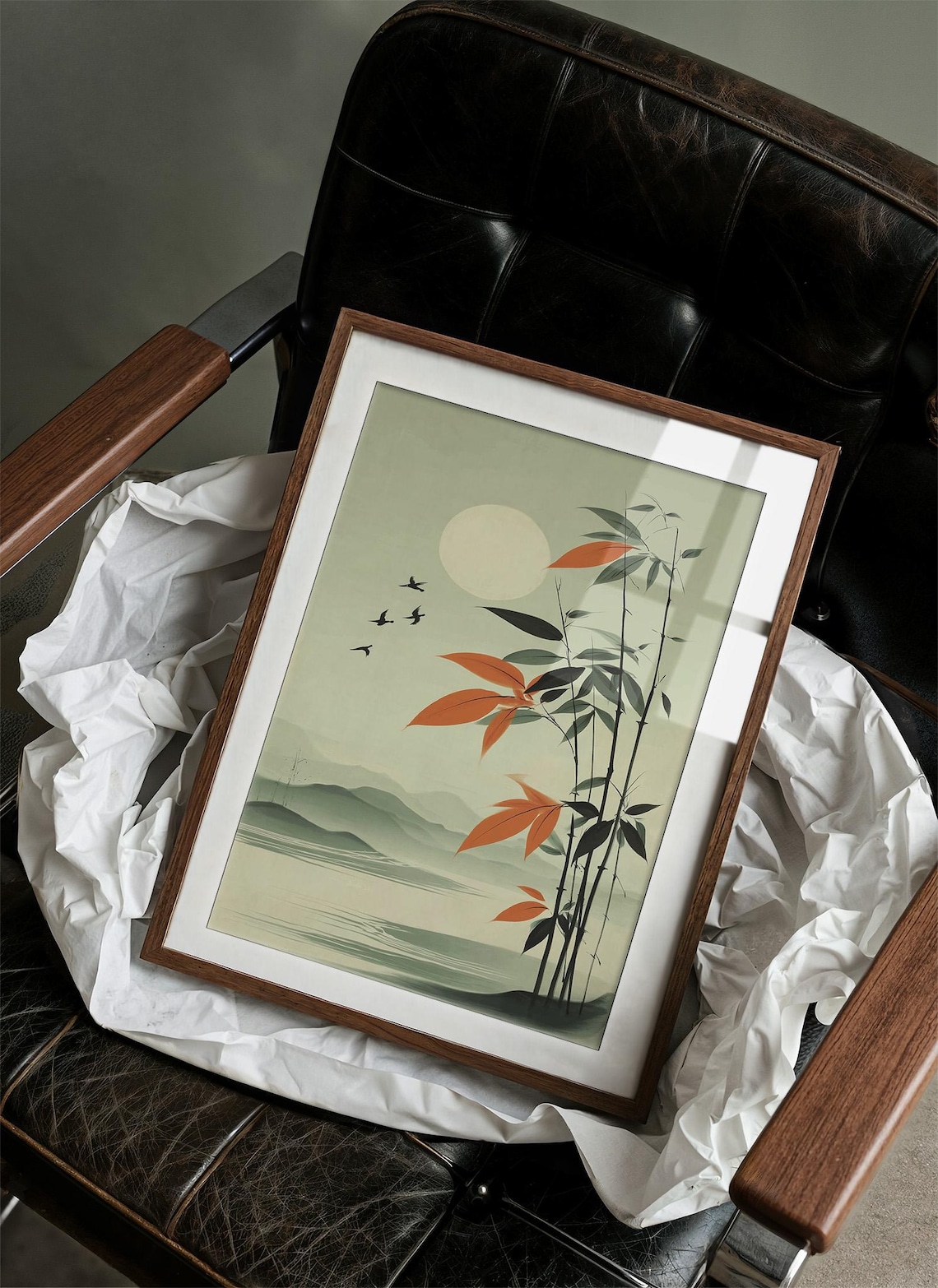 Autumn Bamboo Pale Moon Japanese Watercolor Wall Art for Living Room