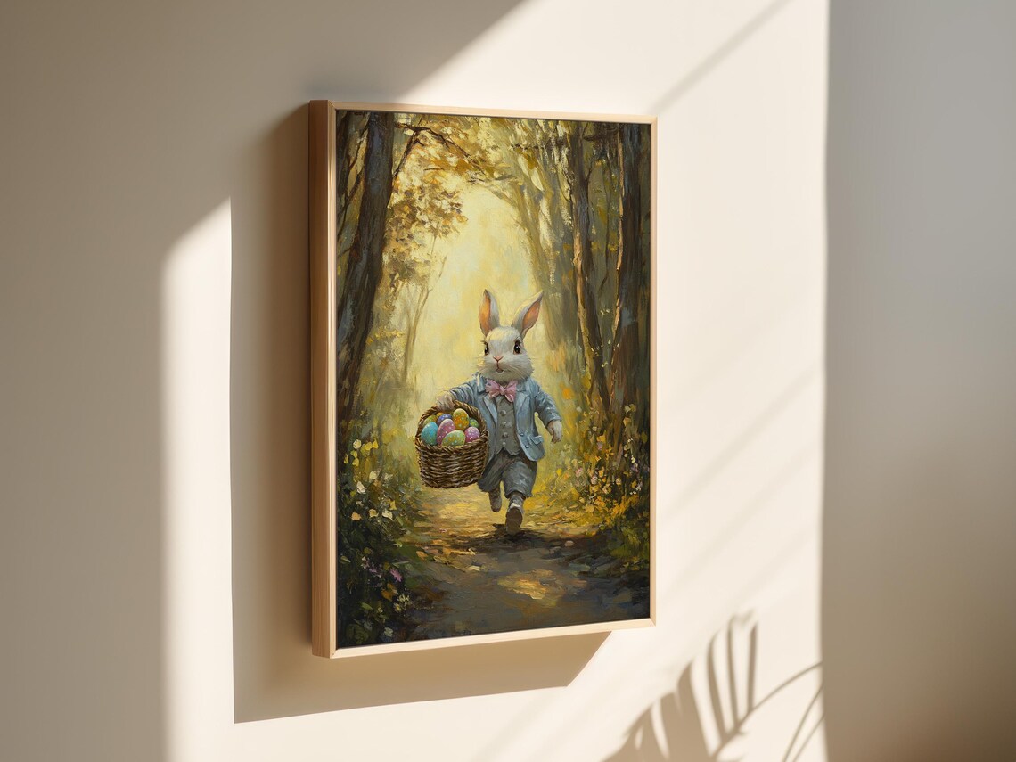 Easter Bunny With Egg Basket, Rustic Spring Art Print - Image 5