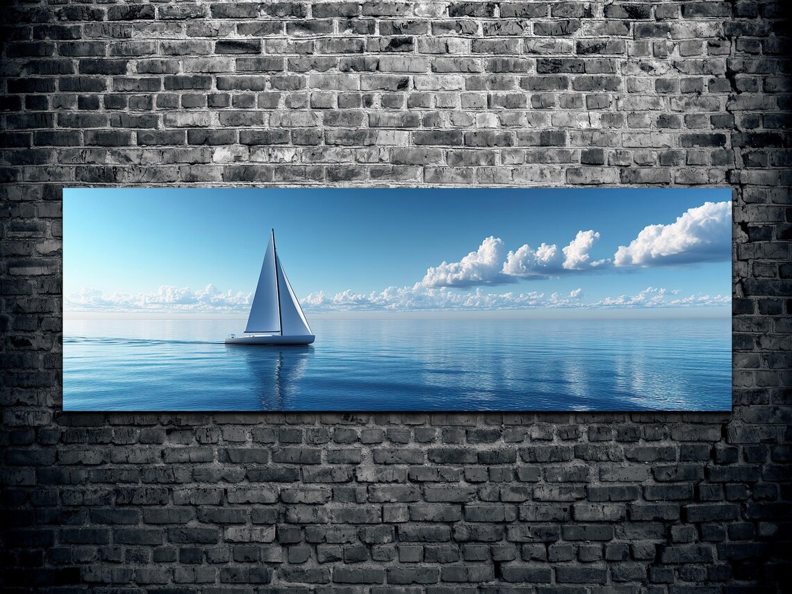 White Sailboat Gliding Across a Calm Blue Ocean Under Puffy Clouds Poster - Image 2