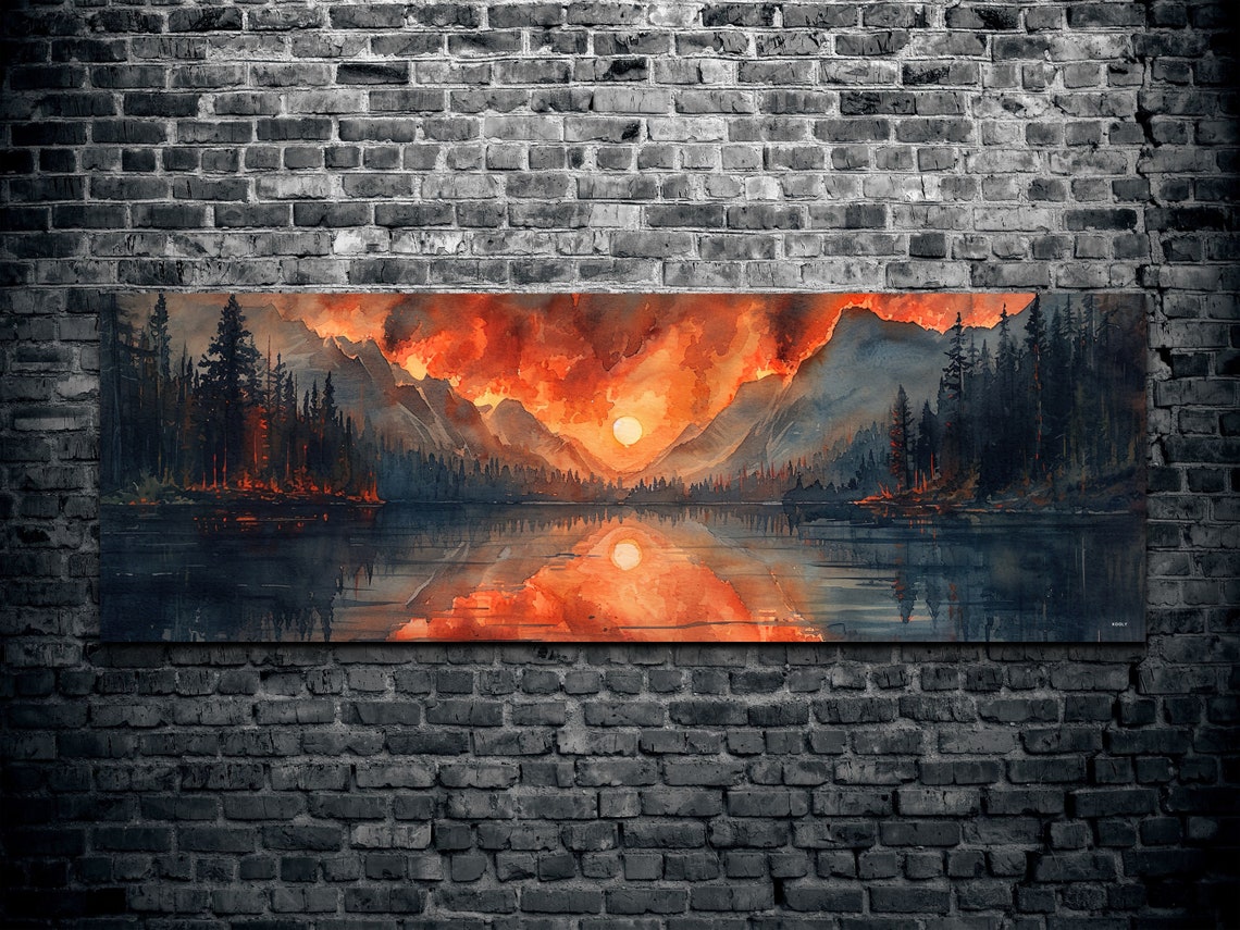 Panoramic Watercolor Forest Fire Wall Art - Image 2