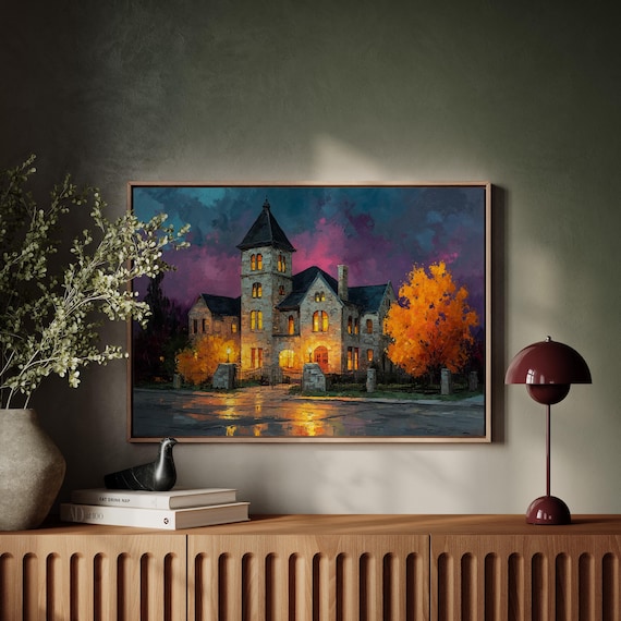 Haunted Stone Mansion at Dusk Glowing Windows Purple Sky Poster