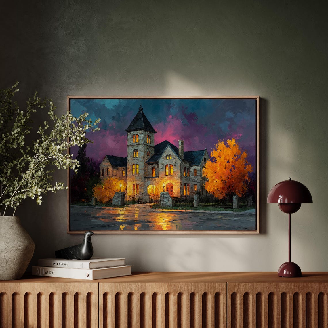 Haunted Stone Mansion at Dusk Glowing Windows Purple Sky Poster