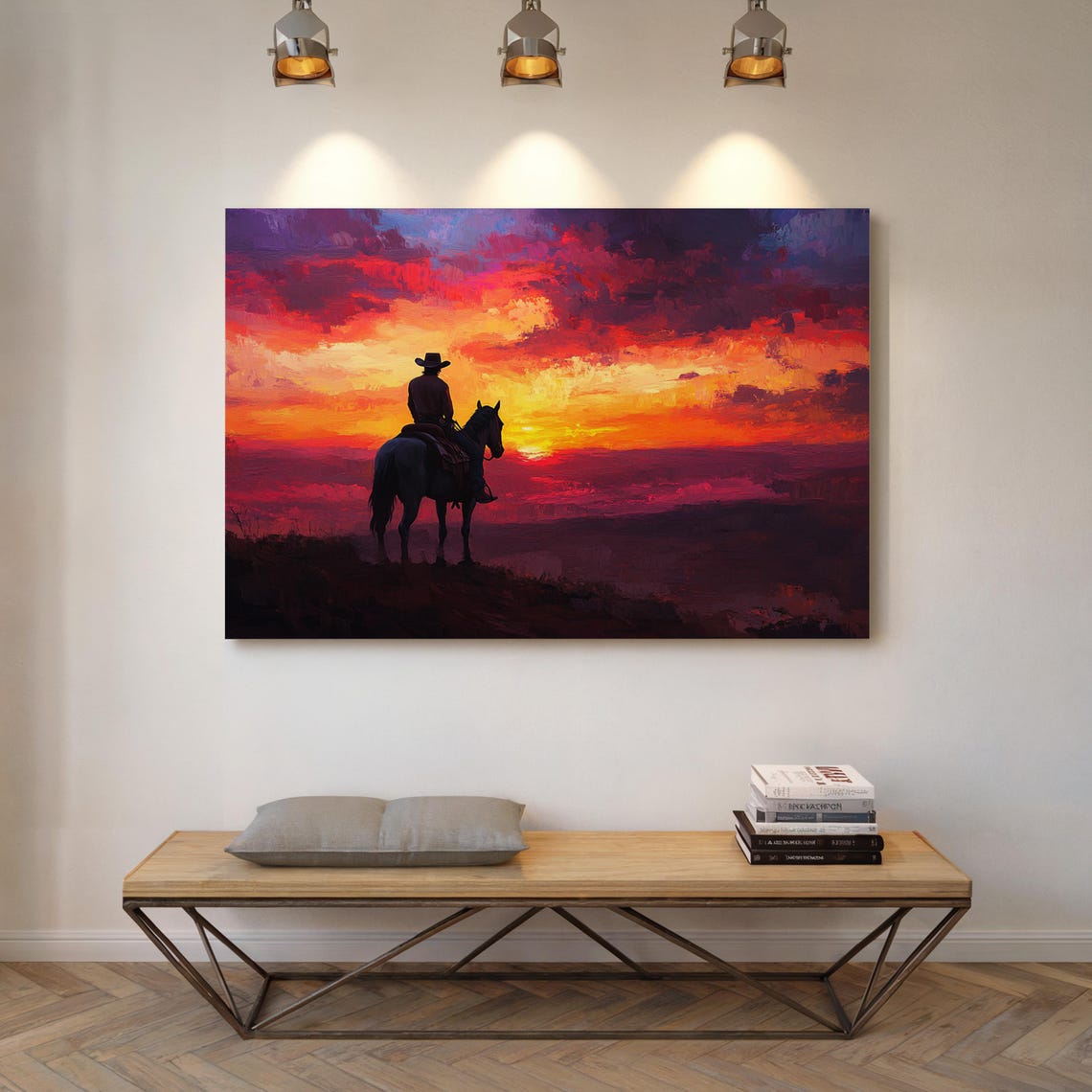 Cowboy At Sunset Art Western Landscape Wall Decor Rustic Prairie Scene Vibrant Sky Poster - Image 2