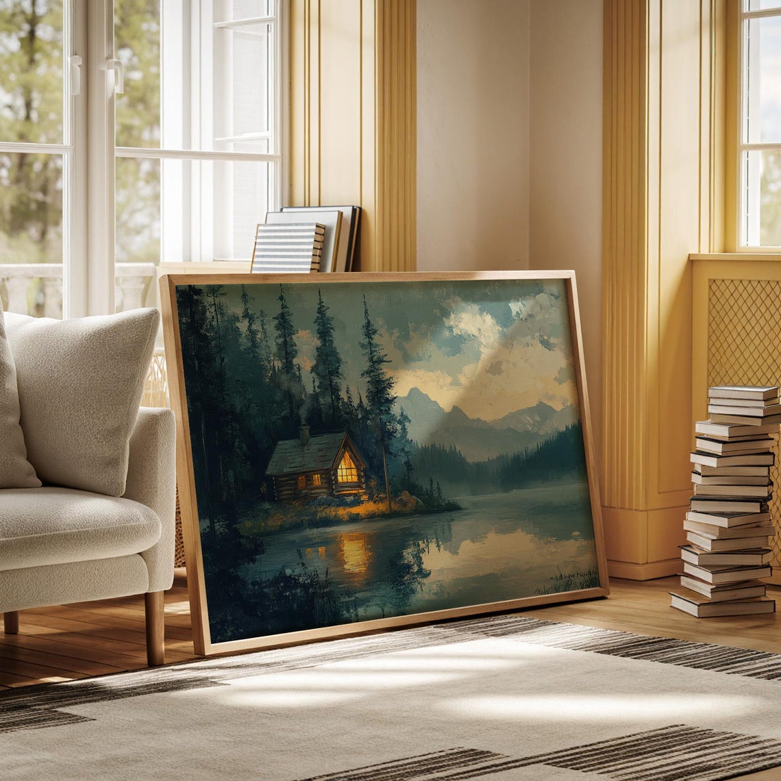 Cozy Log Cabin Lake Dusk Pine Forest Mountain Reflection Poster - Image 7