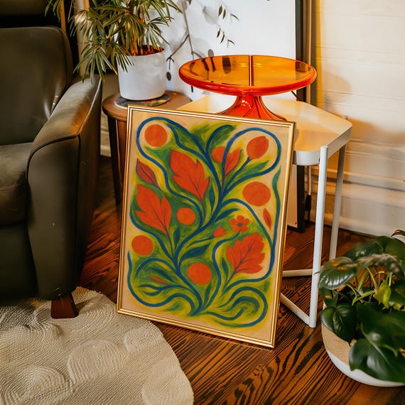 Bold Botanical Folk Art Canvas Retro Floral Wall Decor In Orange Blue And Green With Flowing Leafy Design Playful Nature Motifs