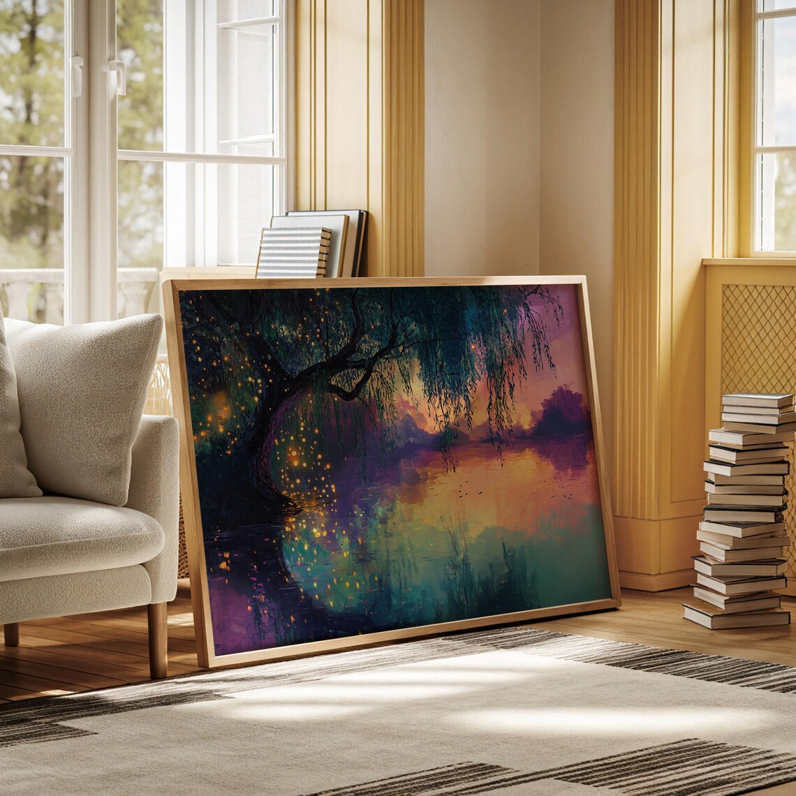 Mystical Twilight Willow With Fireflies, Fairytale Landscape Art Print - Image 5