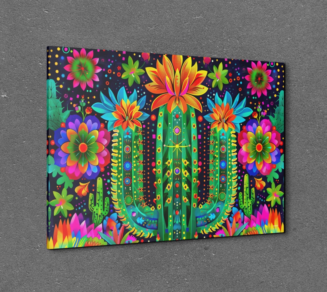 Neon Blooming Cactus Psychedelic Flowers Dark Background Wall Print - Image 7