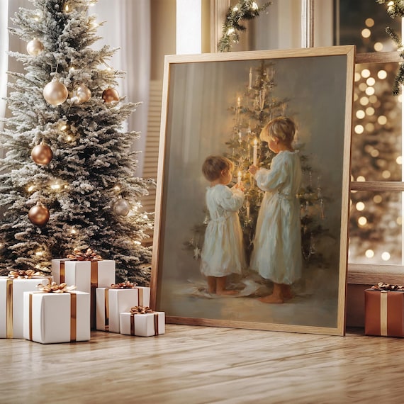 Children Lighting Candles on a Candlelit Christmas Tree Art Poster