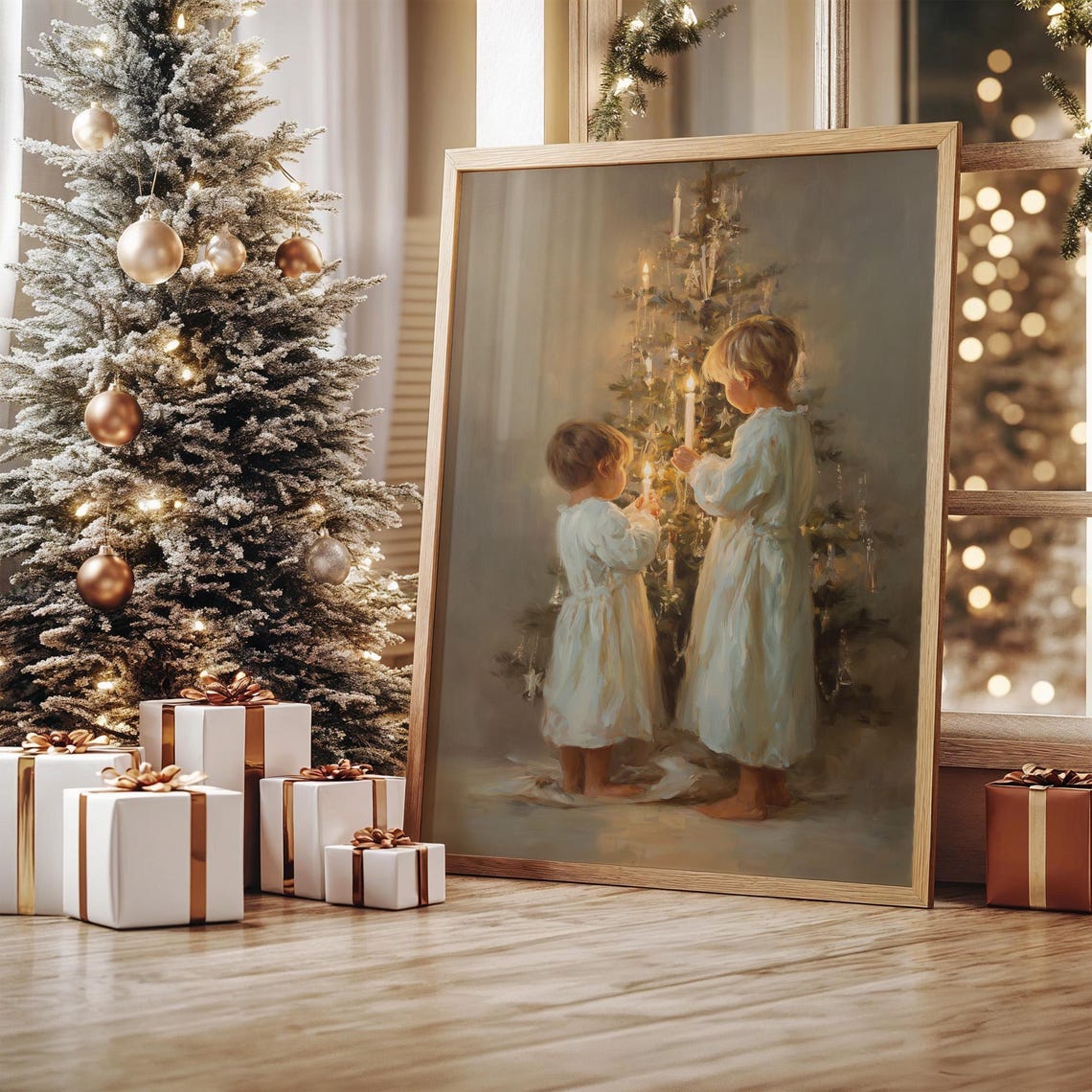 Children Lighting Candles on a Candlelit Christmas Tree Art Poster