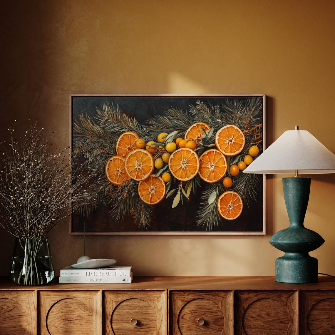 Dried Orange Slices With Pine Branches Dark Moody Holiday Wall Art - Image 4