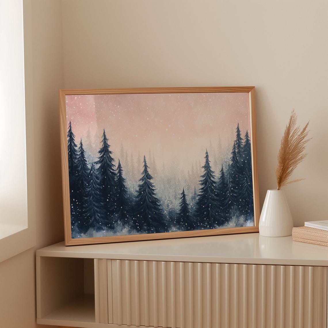 Snowy Winter Forest Landscape Peaceful Art With Trees And Mountain View