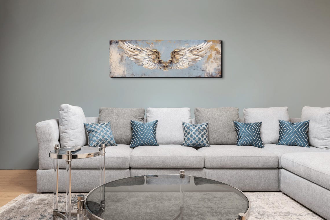 Spread Angel Wings Distressed Blue Panoramic Spiritual Art Poster - Image 6