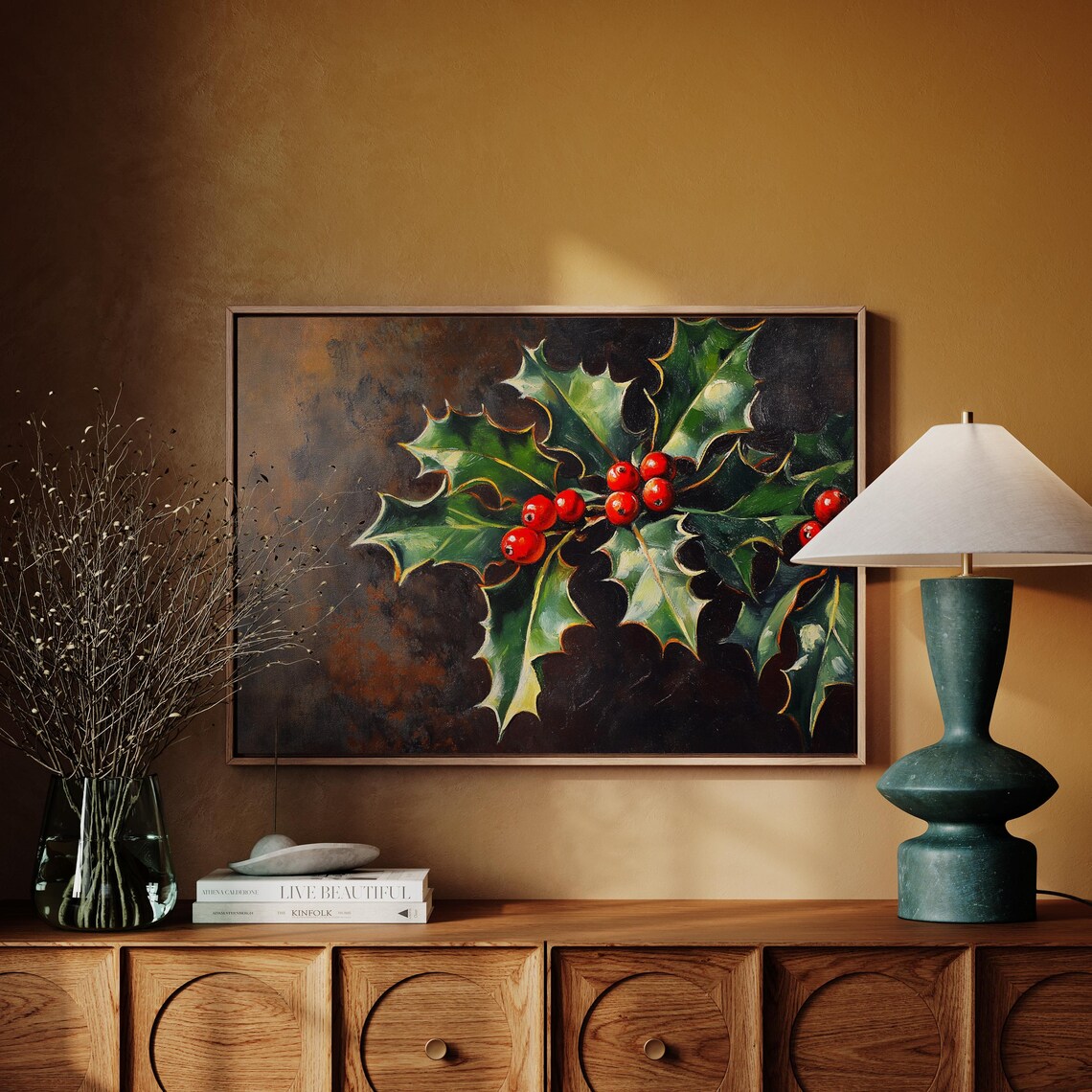 Holly Leaves And Red Berries Dark Oil Painting Christmas Wall Art - Image 7