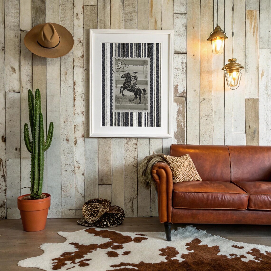 Vintage Cowboy Rider Postage Stamp Western Americana Decor Poster